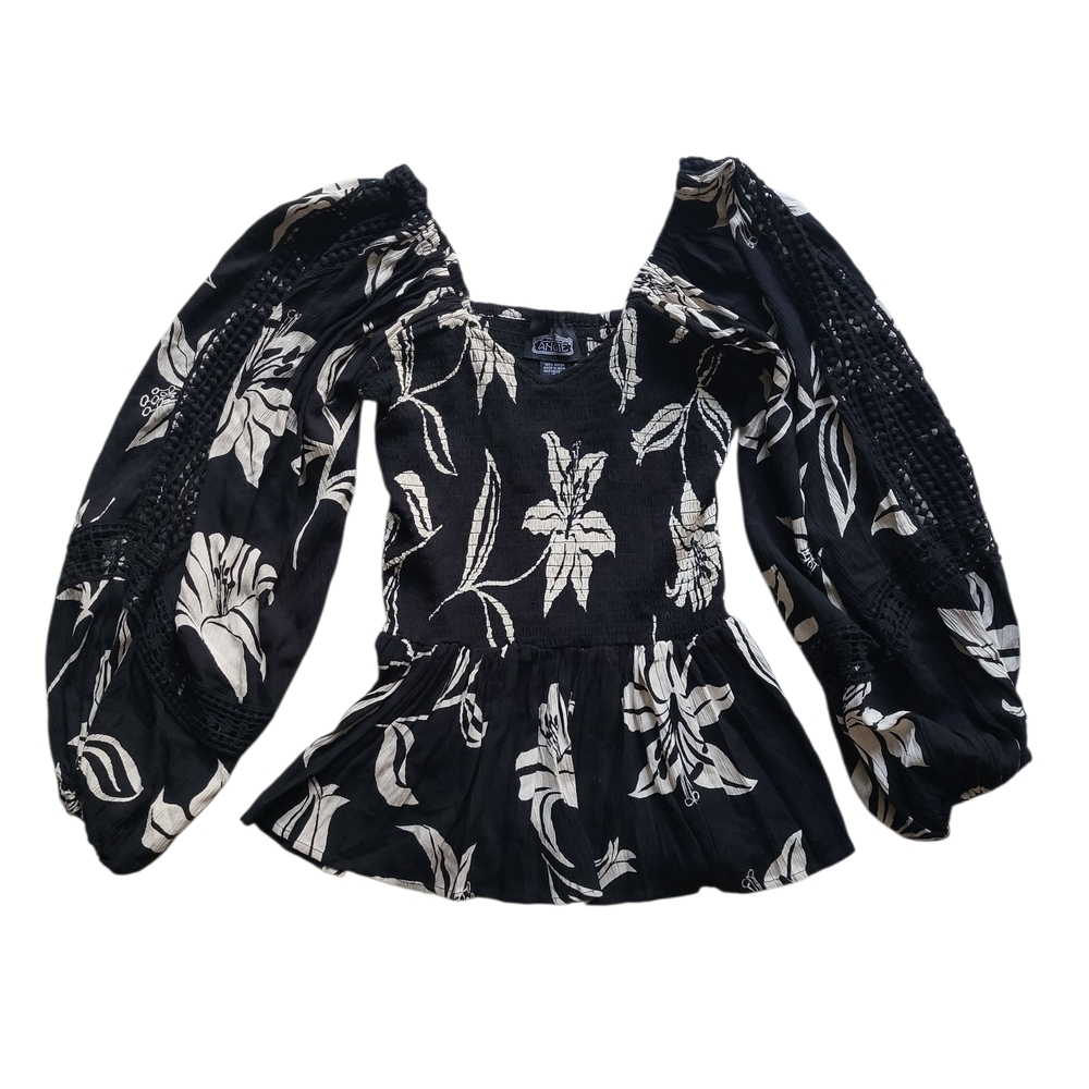 Angie Y2K Smocked Babydoll Crochet Long Puff Sleeve Top Small Black Floral Gypsy